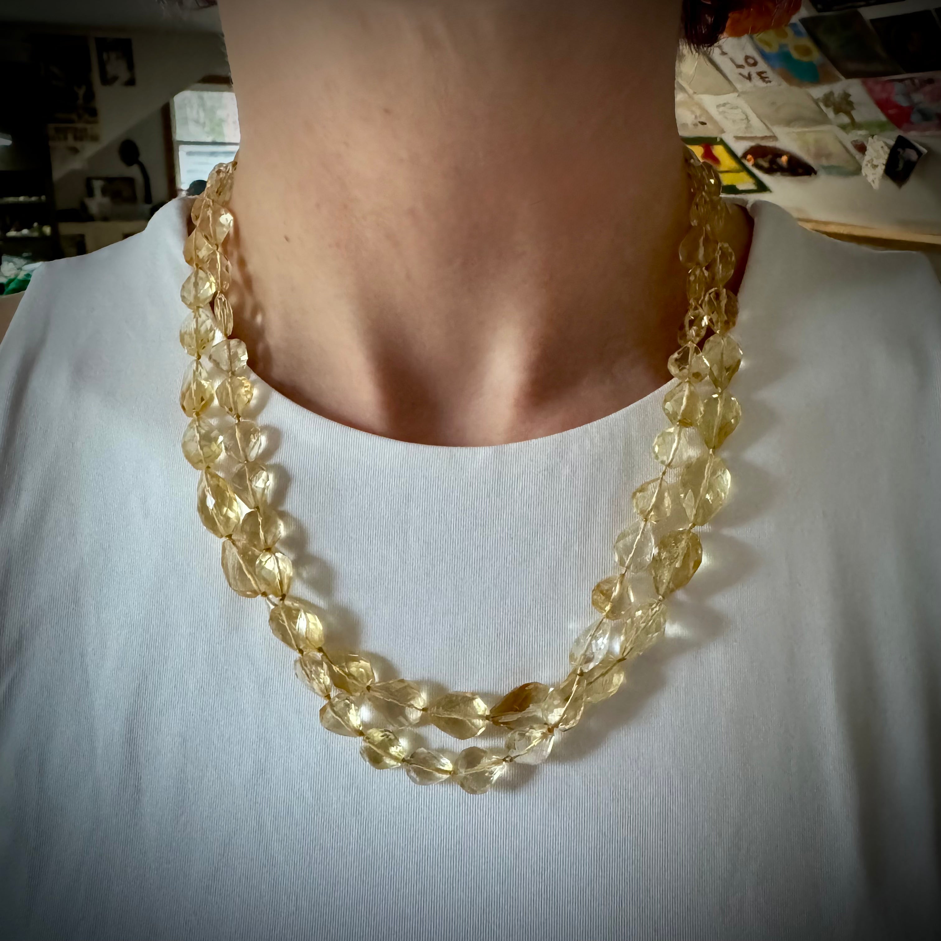 Retro double strand hand cut natural citrine beaded necklace with 14k clasp